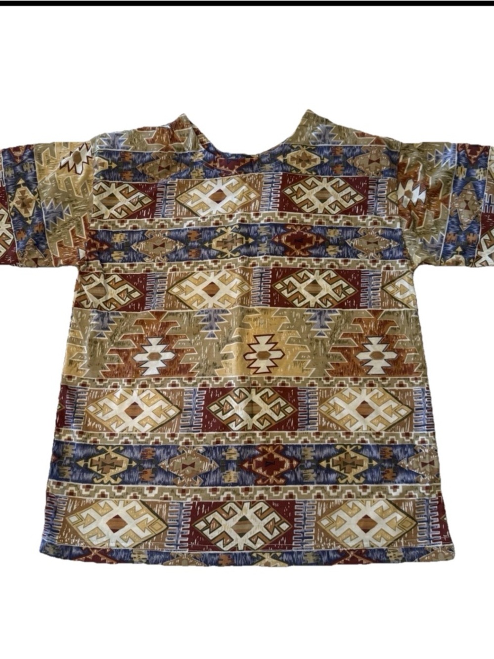 Shenanigans, Womens Tee Tribal western Print Short Sleeve Top shoulder pads VTG